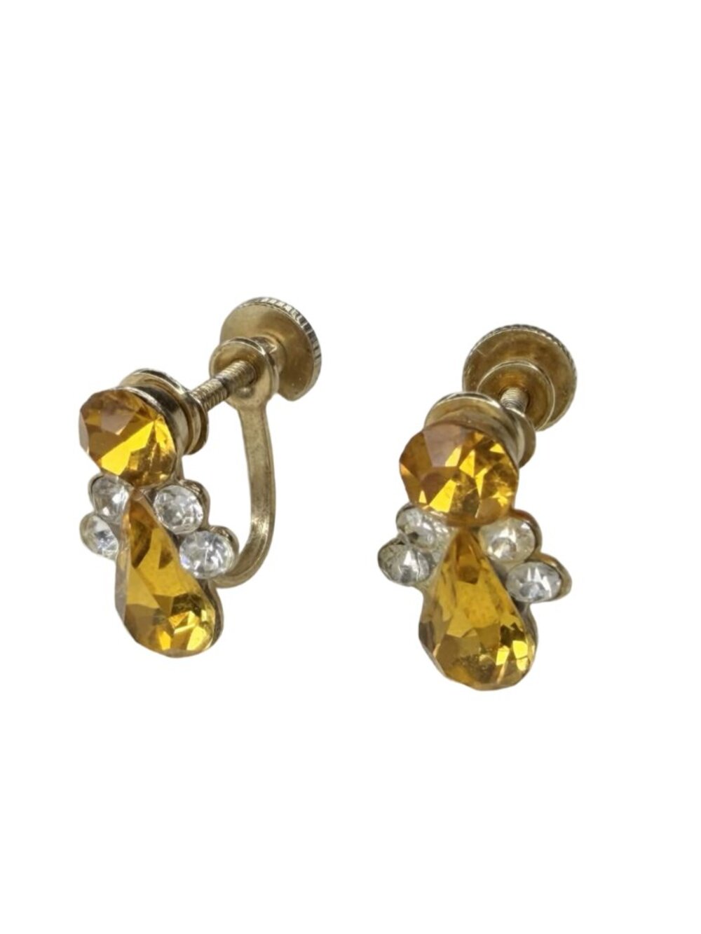 Vintage Coro Screwback Earrings Amber Yellow Rhinestone Gold Tone 1.5cm